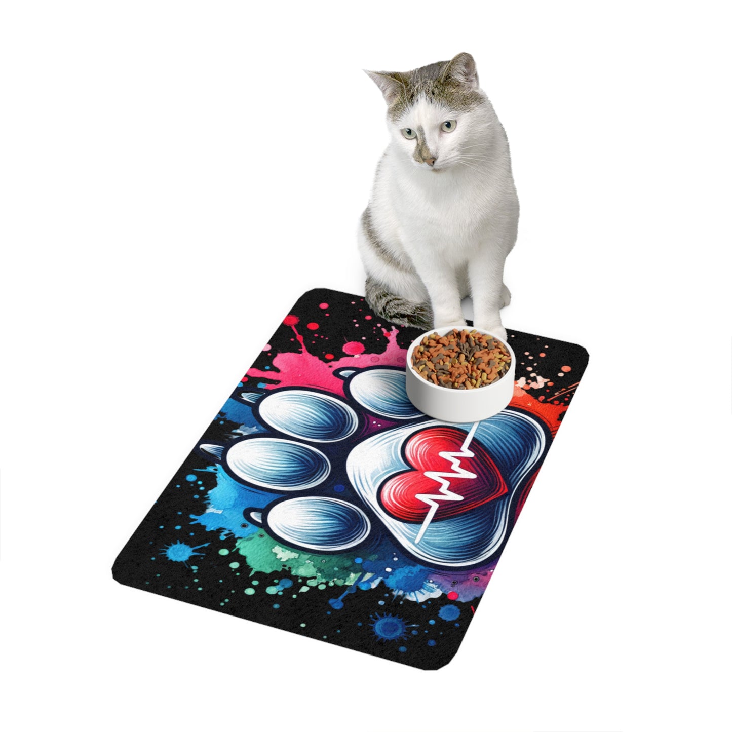 Heart Paw Print Pet Food Mat - Colorful Splash Design (12x18)