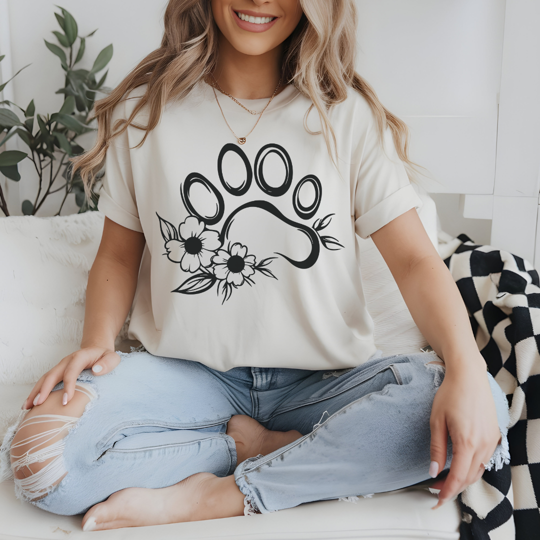 Floral Paw Print Heavy Cotton Tee | Pet Lovers Casual Shirt