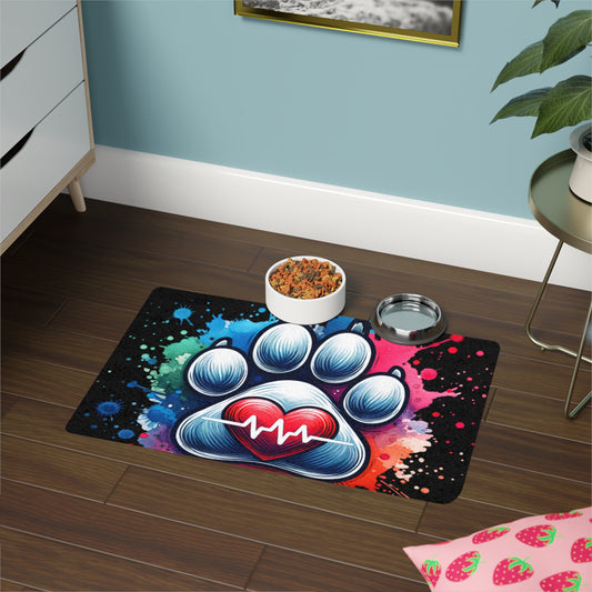 Heart Paw Print Pet Food Mat - Colorful Splash Design (12x18)