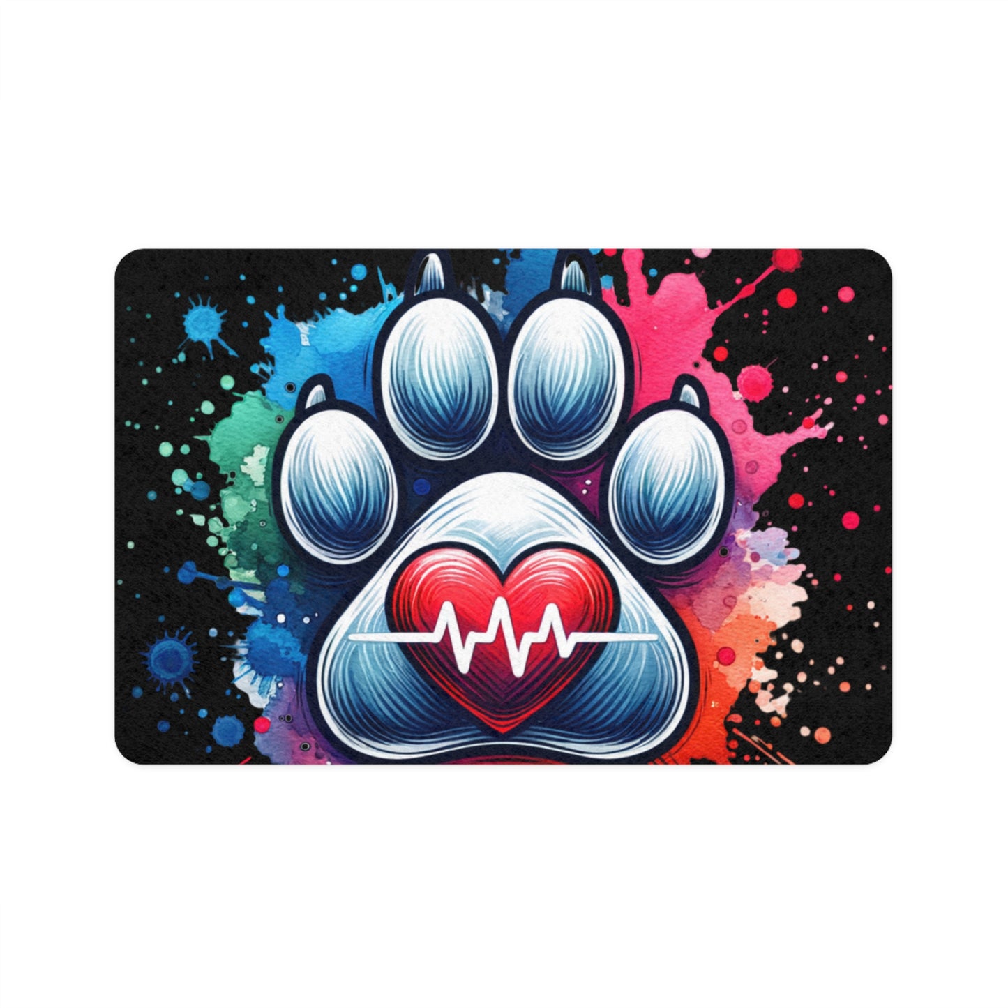 Heart Paw Print Pet Food Mat - Colorful Splash Design (12x18)